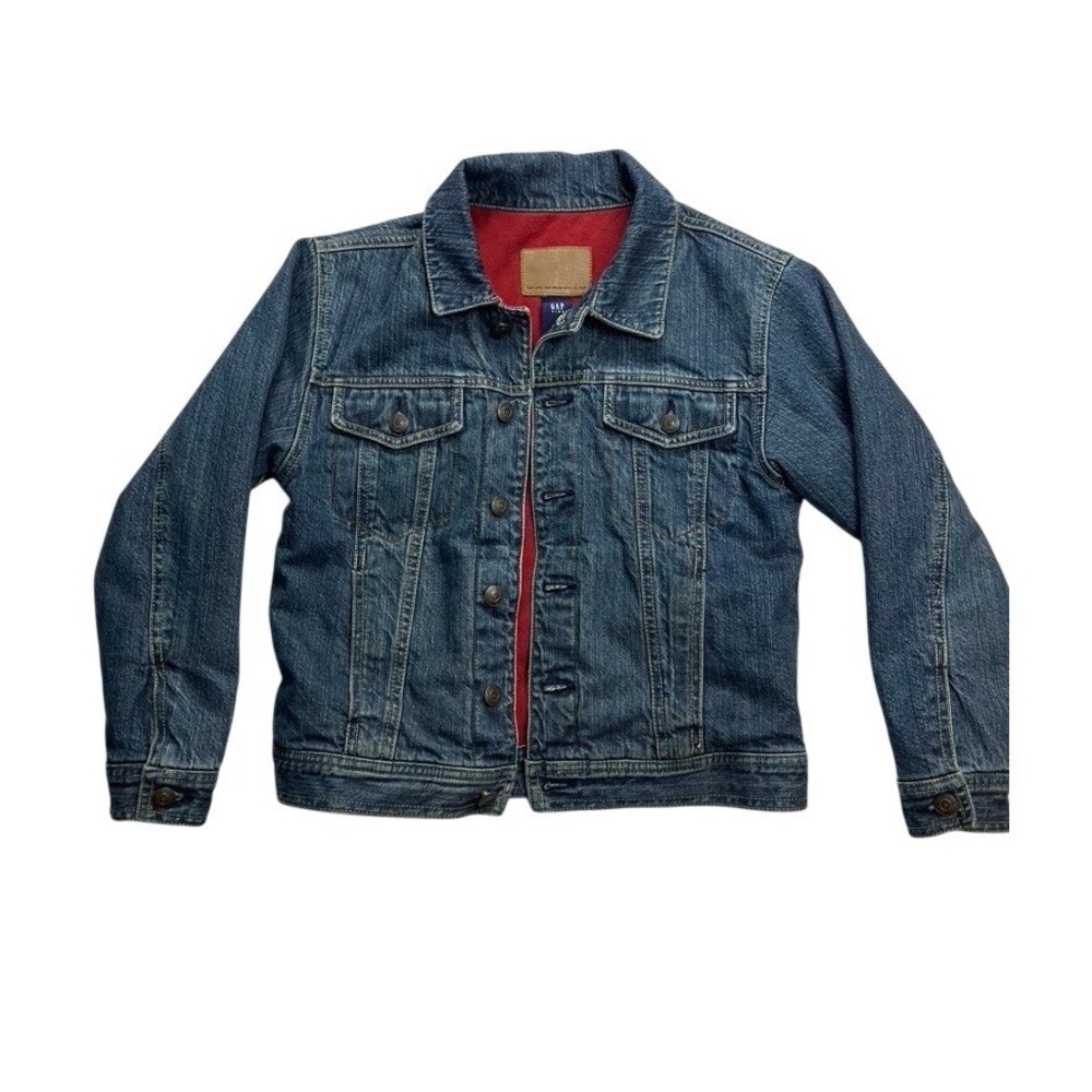 Gap Kids Boys Medium Wash Blue Denim Trucker Jacket Red Quilted Lined Size M 7-8